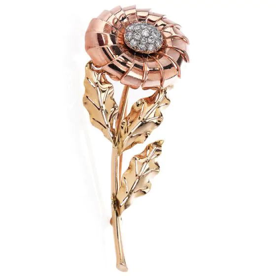 Cartier French Vintage Diamond 18K Gold Floral Retro Double Brooch Pin Set