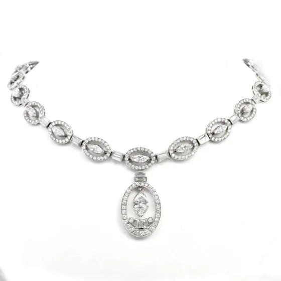 Estate 17.25 Diamond 18K White Gold Oval Drop Pendant Link Necklace