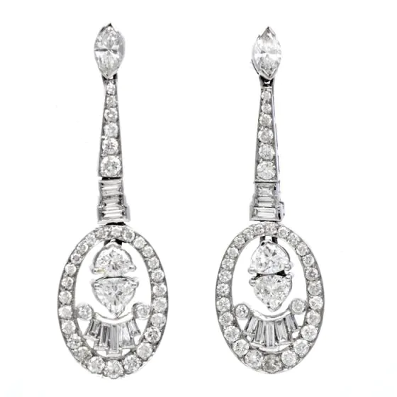 Estate 4.70cts Diamond 18K White Gold Oval Dangle Drop Earrings