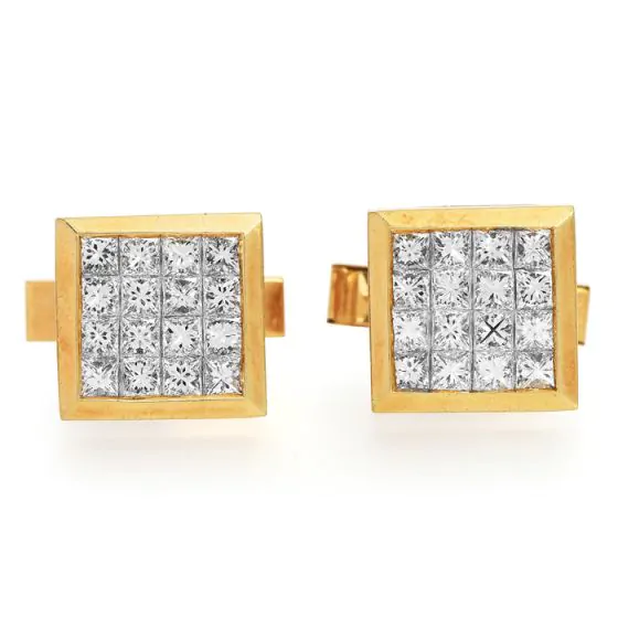 Vintage Diamond 18K Yellow Gold Square Invisible Set Cufflinks