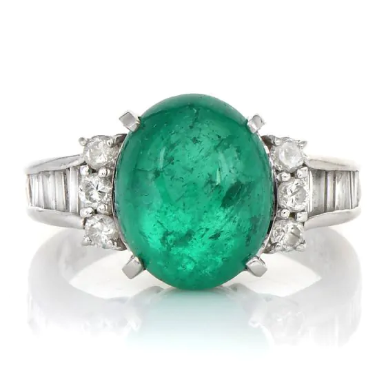 GIA 3.92ct Cabochon Emerald Diamond Platinum Cocktail Ring