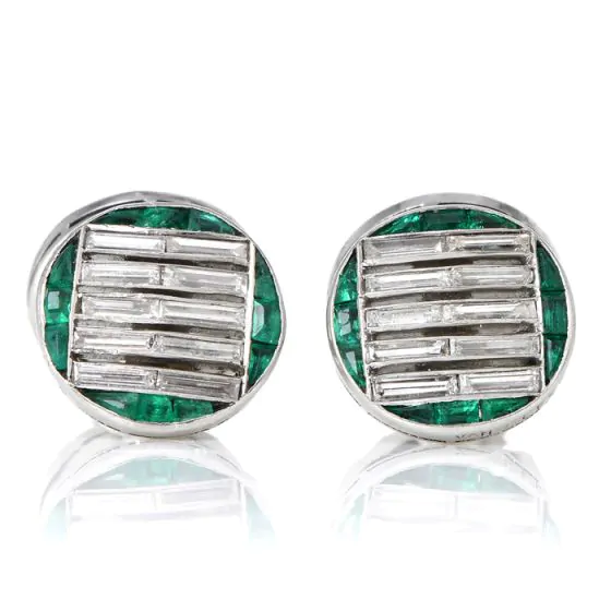 Antique Van Cleef & Arpels Diamond Emerald Platinum Round Tuxedo Cufflinks