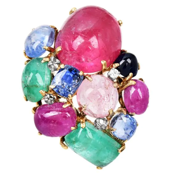 Vintage Seaman Schepps Precious Gemstone Diamond 18K Gold Cluster Brooch