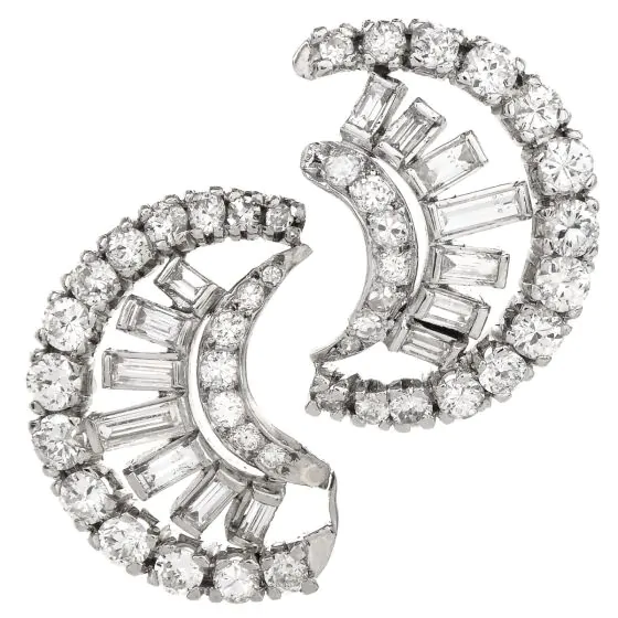 5.40cts Diamond Platinum Round Baguette Diamond Crescent  Earrings 