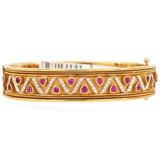 Estate Diamond Ruby 18K Gold Detailed Bangle Bracelet-Dover Jewelry
