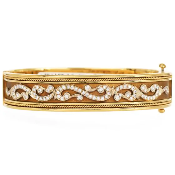 Estate Diamond 18K Gold Filigree Detailed Bangle Bracelet-Dover Jewelry