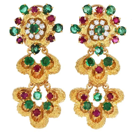 Emerald Ruby Diamond 18K Gold Flower Dangle Earrings