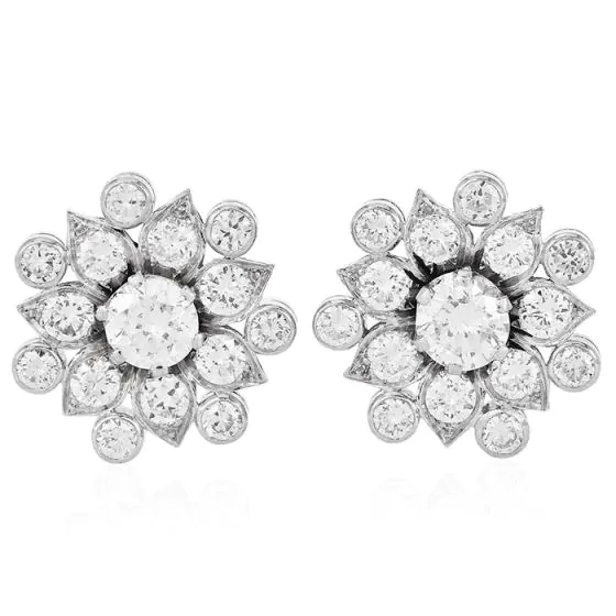 Estate 6.0 carat Diamond Platinum Flower Stud Earrings-Dover Jewelry
