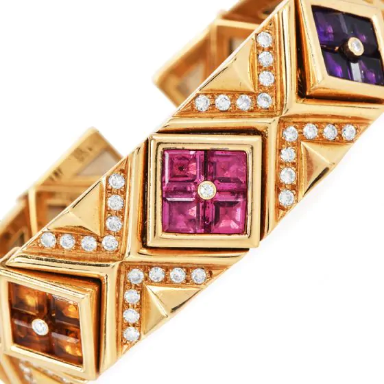 Estate Multi Gemstone Diamond 18K Gold Statement Cuff Bracelet-Dover Jewelry