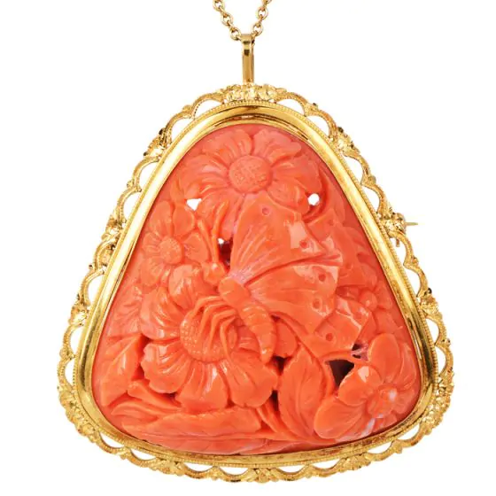 Vintage Carved Coral Butterfly Garden 18K Gold Frame Pendant Brooch|doverJewelry|