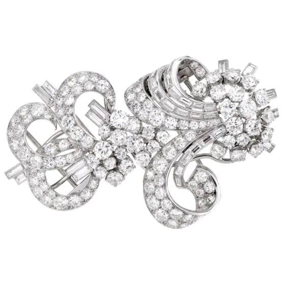 Estate Art Deco 15.00 Carats  Diamond Platinum Double Clip Brooch