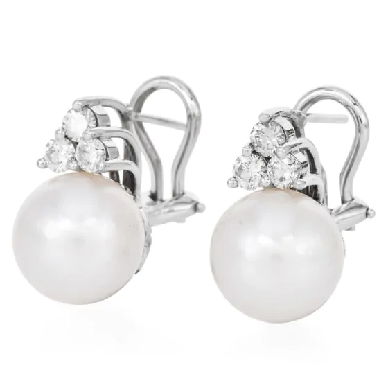 Classic 11mm Pearl Diamond 18K White Gold  Clip On Earrings