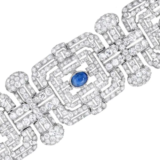 Vintage Art Deco French Diamond Sapphire Platinum Wide Bracelet