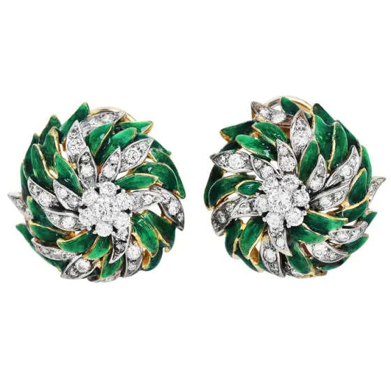 Estate Diamond 18K Gold Spring Enamel Cocktail Clip-On Earrings-Dover Jewelry