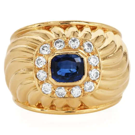 Estate Sapphire 1.34cts Diamond 18K Ridged Dome Cocktail Ring|Dover Jewelry|