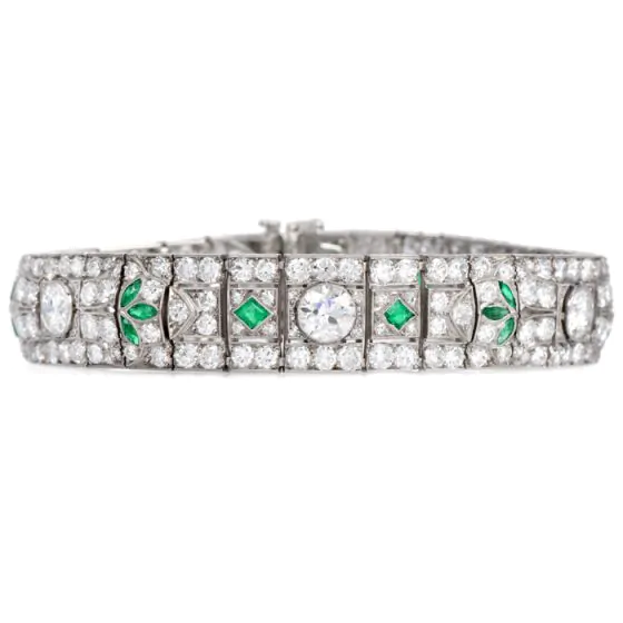 Antique Art Deco Diamond Emerald Filigree Platinum Wide Bracelet|Dover Jewelry|