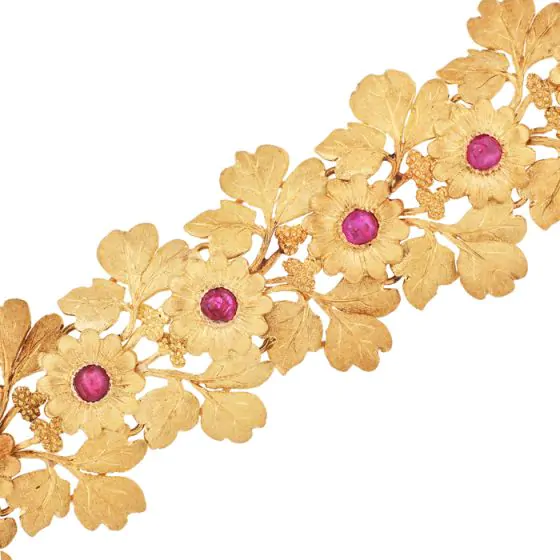 Mario Buccellati Vintage Ruby 18k Gold Leaf Wide Bracelet