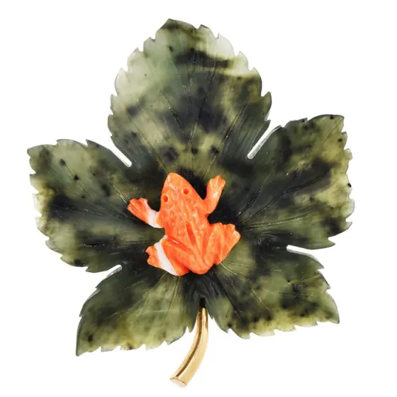 CELLINO 14K Yellow gold Coral Frog Green Jade Maple Leaf Brooch|Dover Jewelry|