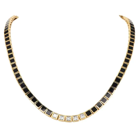 Vintage Retro Onyx & Diamond Choker Necklace – 18K Yellow Gold, Circa 1960s