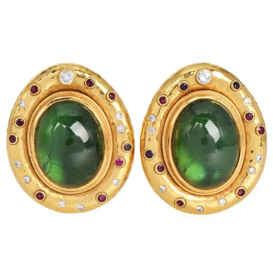 1970S Peridot 18K Gold Cabochon Textured Statement Earrings|Dover Jewelry|