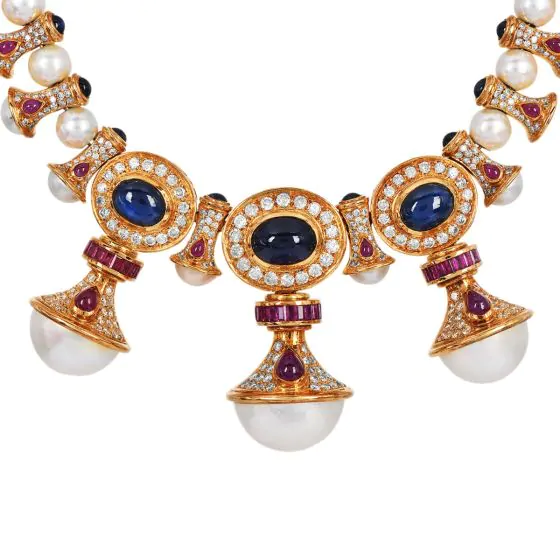 Vintage Pearl Precious Gemstone 18K Gold Statement Necklace|Dover Jewelry|