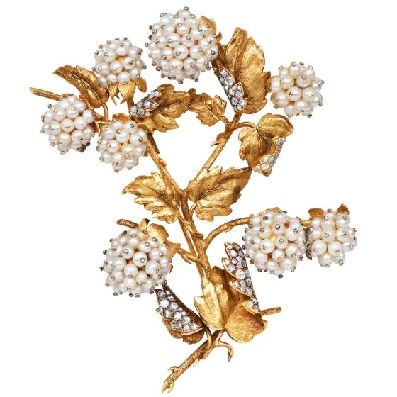 Vintage 1930s Pearl & Diamond 18K Blossom Floral Brooch