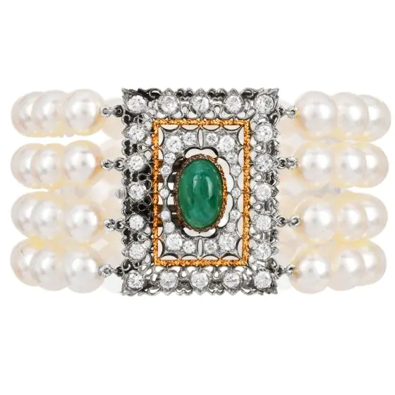 Buccellati Four-Strand Pearl Diamond Emerald 18K Bracelet