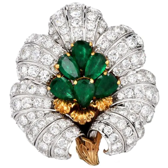 buccellati Vintage Emerald diamond 18k Gold Flower Brooch Pin