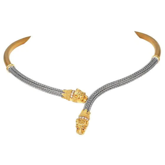 Estate Lion Head Diamond Ruby 18K Two-Tone Gold Choker Necklace