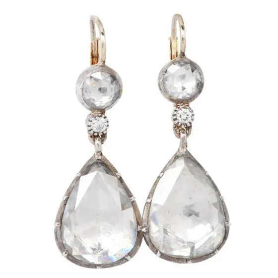 Vintage Rose Cut 7.80 Carats Diamond Gold Dangle Drop Earrings 
