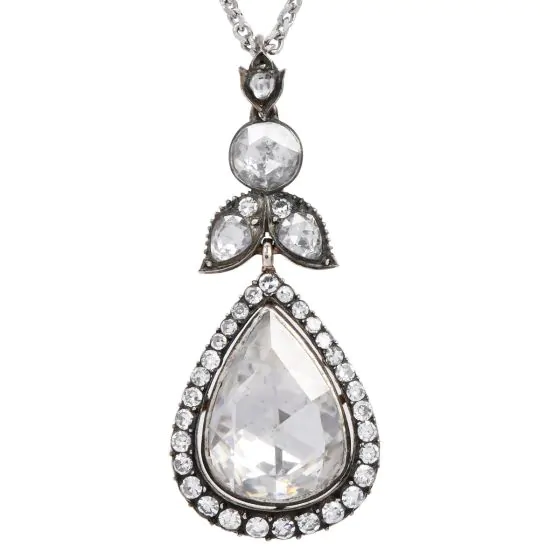Vintage 6.10cts Teardrop Rose Cut Diamond Gold Silver Pendant Necklace 