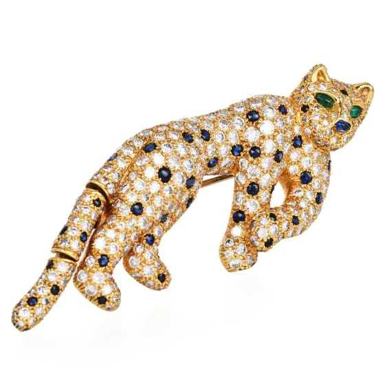 Panther Sapphire Diamond Emerald 18K Gold Cat Brooch