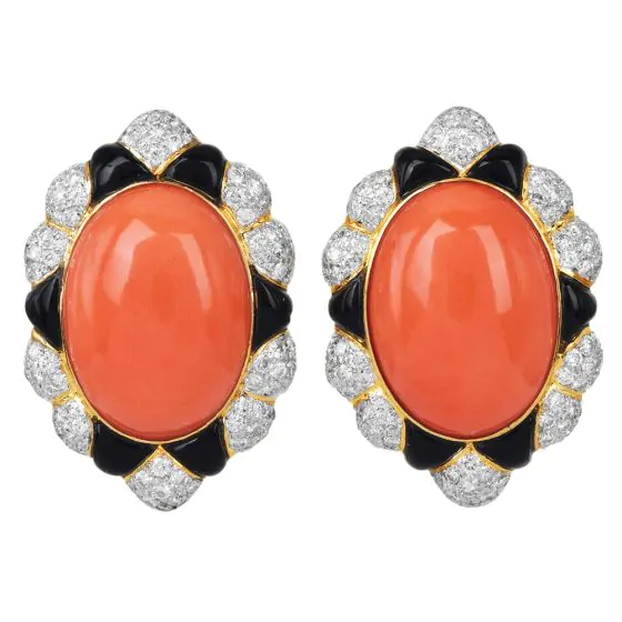 1980s Coral, Onyx, Diamond & 18K Yellow Gold Clip-On Earrings