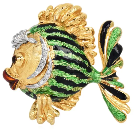  Vintage late 1980s 18K Gold Diamond Enamel Fish Brooch