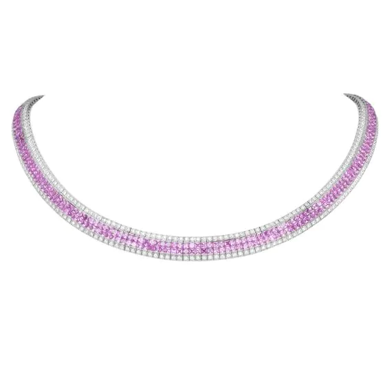 Mystery-Set Pink Sapphire & Diamond 58.60cts 18K Gold Necklace|Dover Jewelry|