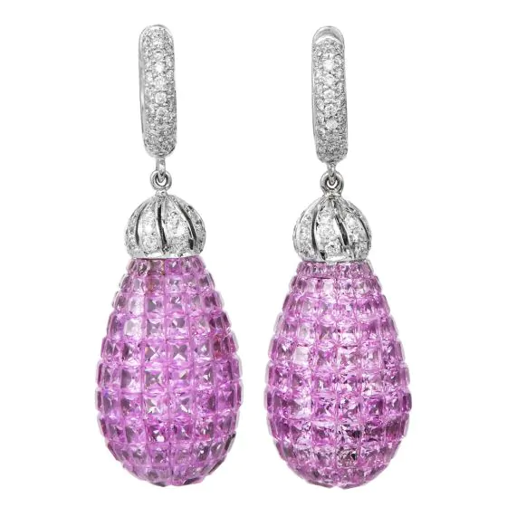 Mystery-Set Pink Sapphire & Diamond 20.07cts 18K Gold Drop Earrings|Dover Jewelry|
