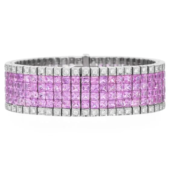 Mystery-Set Pink Sapphire & Diamond 45.80cts Wide 18K Gold Bracelet