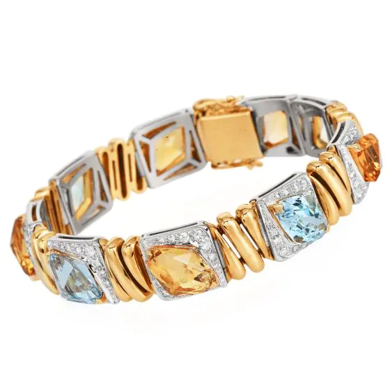 Estate  25.60cts Citrine Topaz Diamond 18K Gold Statement Bracelet