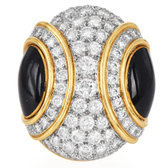 18K Gold Platinum Black Jade & Diamond Dome Cocktail Ring 