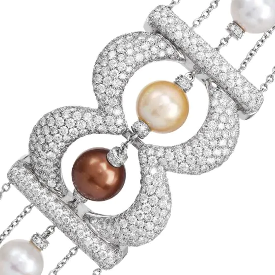 14K White Gold Pearl 20.64cts Diamond Multi-Row Statement Bracelet |Dover Jewelry|