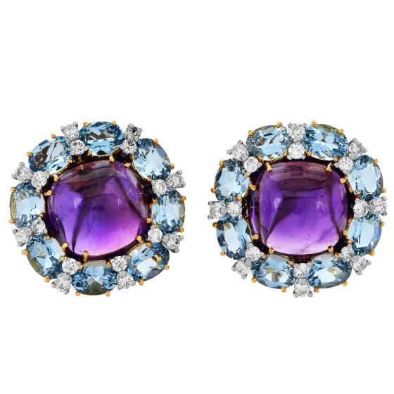 Valentain Margo Amethyst, Aquamarine & Diamond Clip Earrings