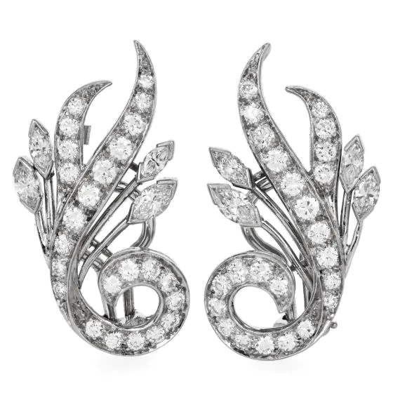 Vintage Deco Platinum Diamond Floral Clip-On Earrings 