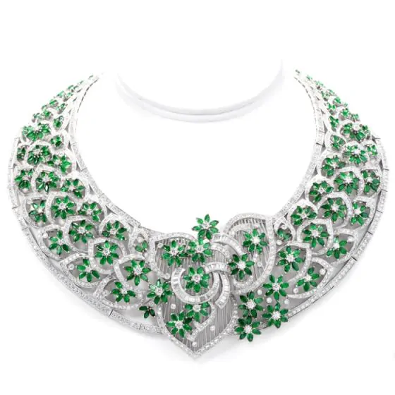 Remarkable Hand Crafted Diamond Emerald 18K Gold Collar Necklace 