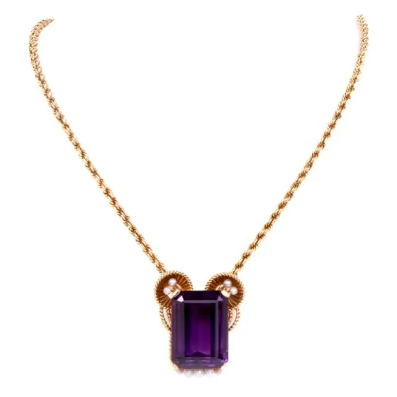 Gueblin Vintage Retro Amethyst Seed Pearl Gold Pendant Necklace