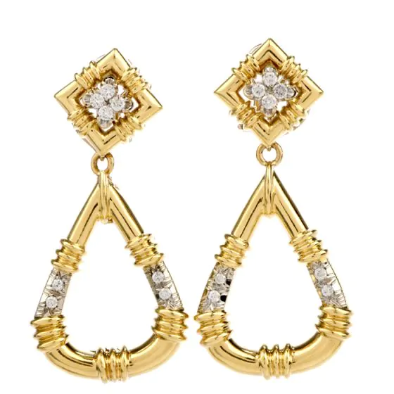 Estate Diamond 18K Yellow Gold Hoop Dangle Clip On Earrings 

