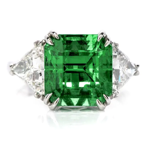 Certified GIA Colombian Emerald Diamond Platinum Three Stone Ring
