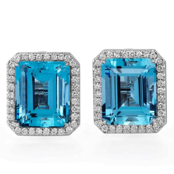 Sabbadini Aquamarine Diamond Platinum Large Emerald Cut Clip Earrings