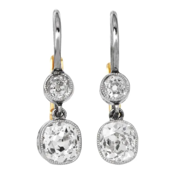 1.22 Carat Old Mine Cut Diamond Platinum & 18K Gold Drop Earrings