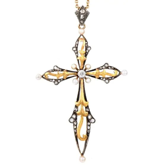 Vintage Diamond Pearl 18K Gold Cross Pendant|Dover Jewelry|