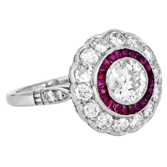 Deco Style European-Cut Diamond French-Cut  Ruby Floral Platinum Ring